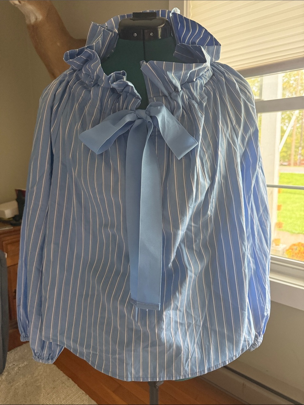 Blue Striped Ruffle-Neck Tie Blouse